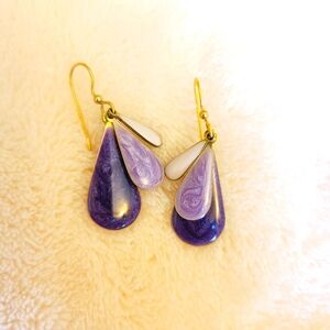 Purple Gold Tone Enamel Drop Earrings EUC